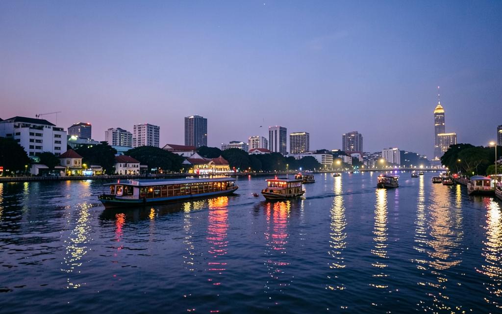 Boat lights reflecting on the Chao Phraya river in Bangkok at dusk