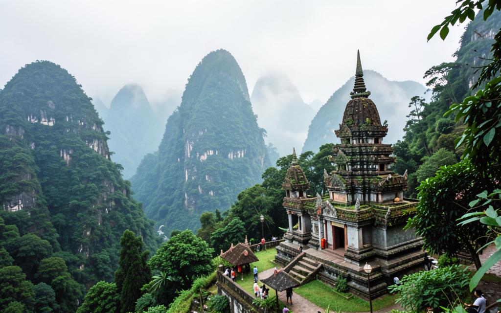 A temple in the foreground of misty mountains near Chiang Mai