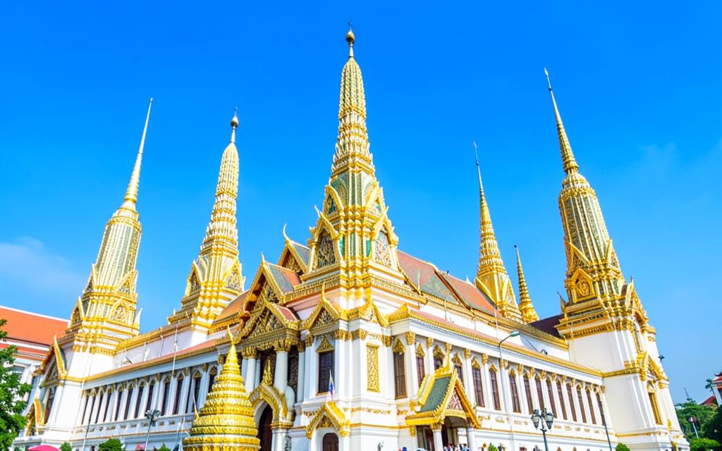 Golden spires of the Grand Palace in Bangkok under a blue sky