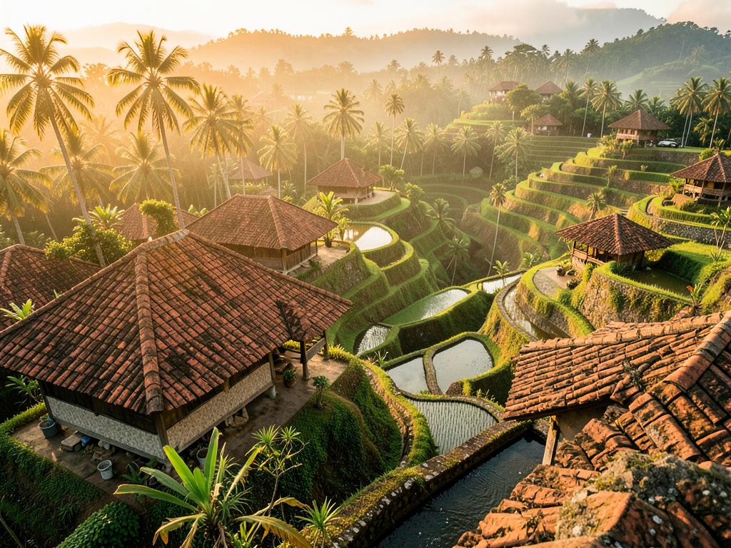 Terraced rice fields and terracotta rooftops in Bali