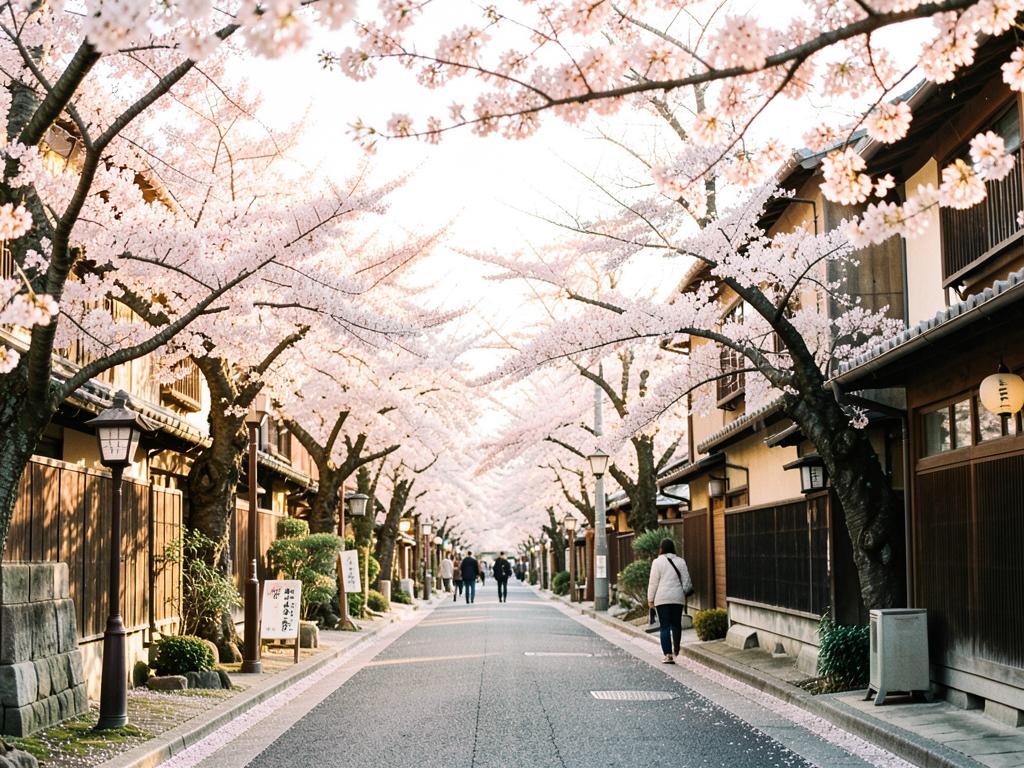 Cherry blossom lined street in Kyoto in soft morning light