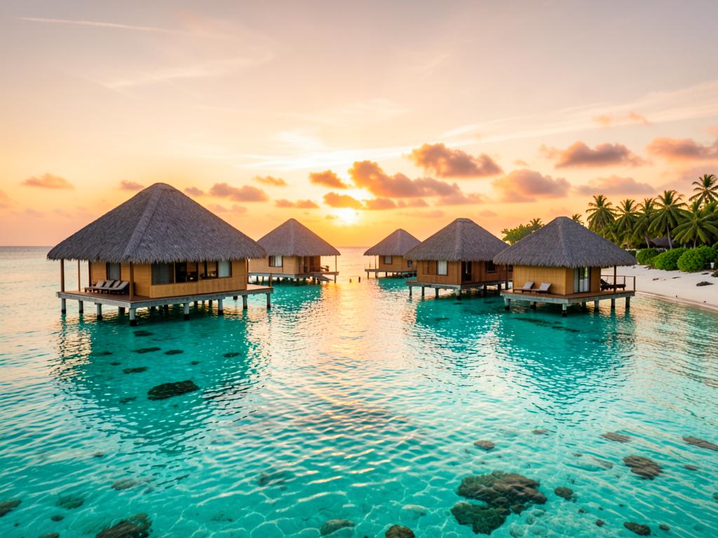 Overwater villas above a turquoise Maldivian lagoon at golden hour