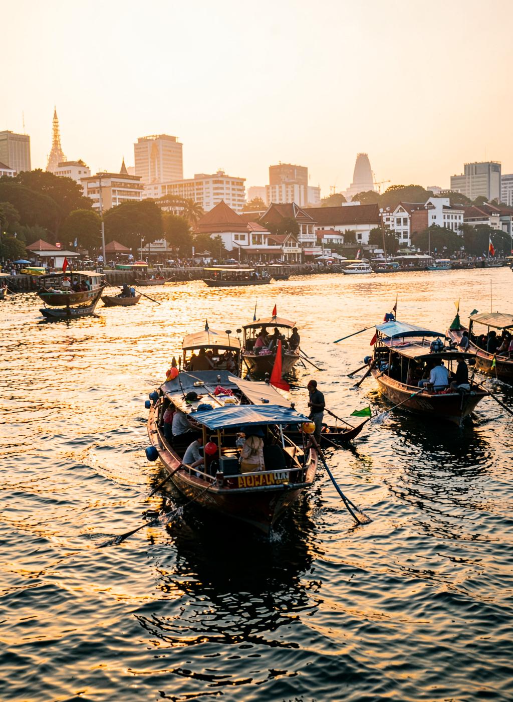 Long-tail boats on the Chao Phraya river in Bangkok at sunrise