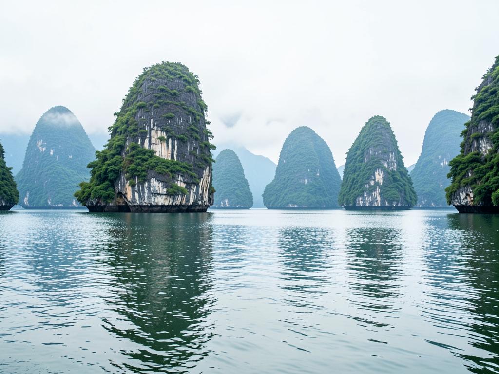 Limestone karsts rising from the calm water of Ha Long Bay
