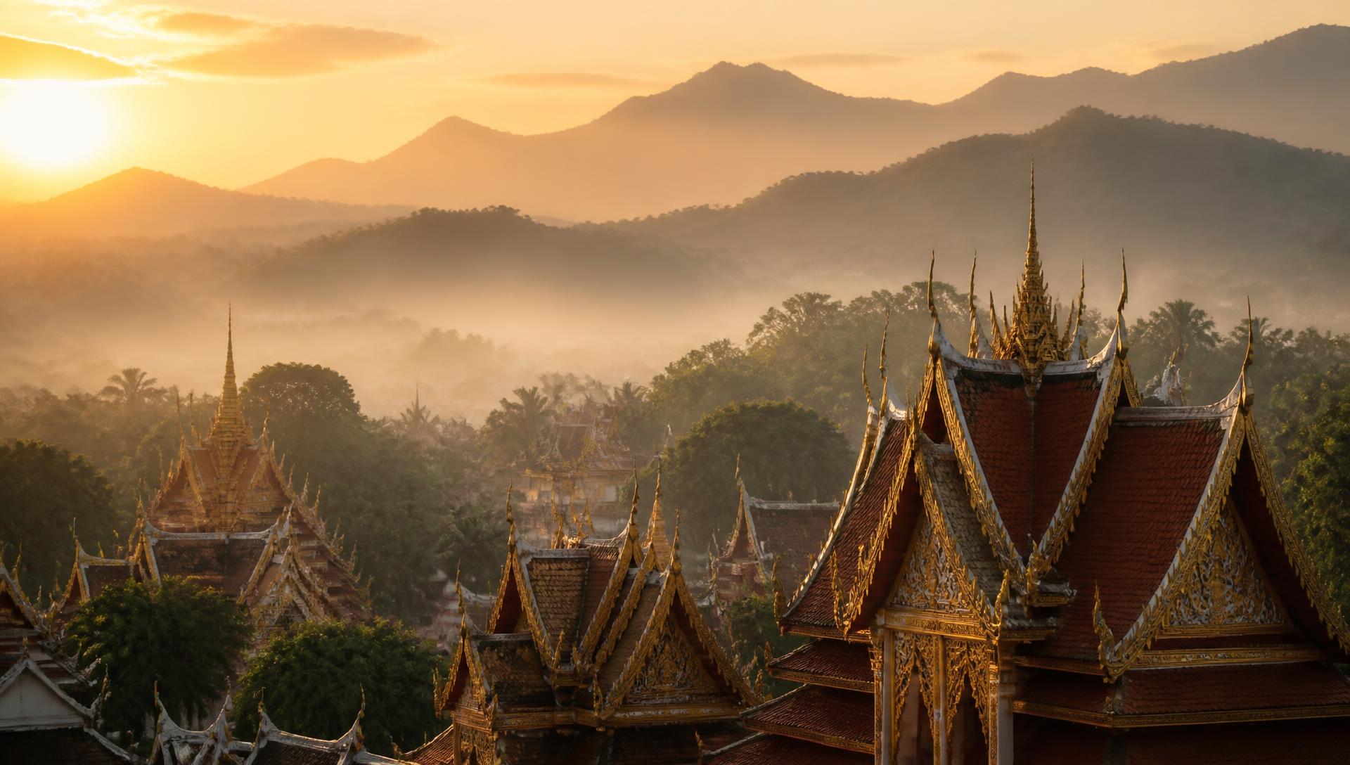 Golden temple rooftops above misty mountains at dawn in northern Thailand